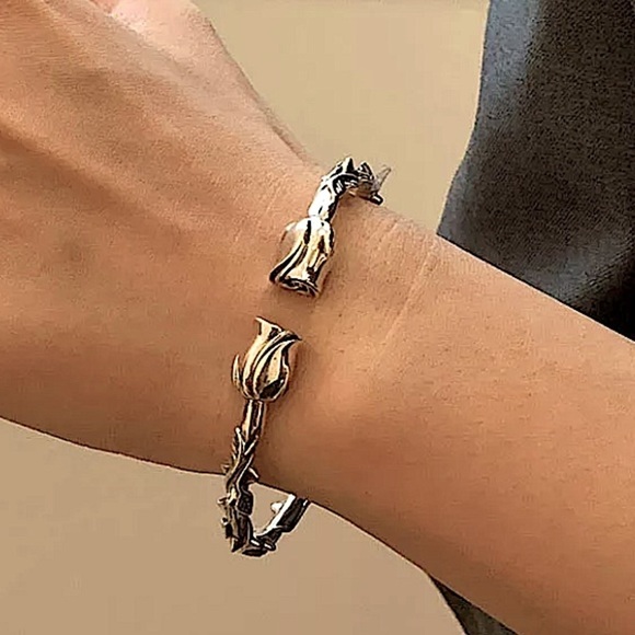 Rose Flower Sterling Silver Bangle Bracelet - Picture 1 of 14